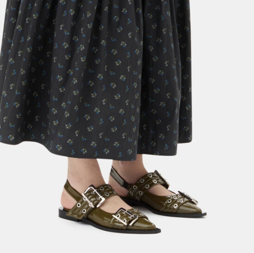 NEW $425 Ganni Olive Green Buckle Ballerina Flats Size 36